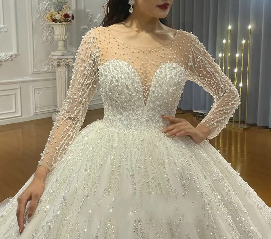 2024 New Arrival A-line Wedding Dress Scoop Full Pearls Beading Long Illusion Sleeves Women Bridal Gowns Vestido De Novia Custom Made Arabic Dubai
