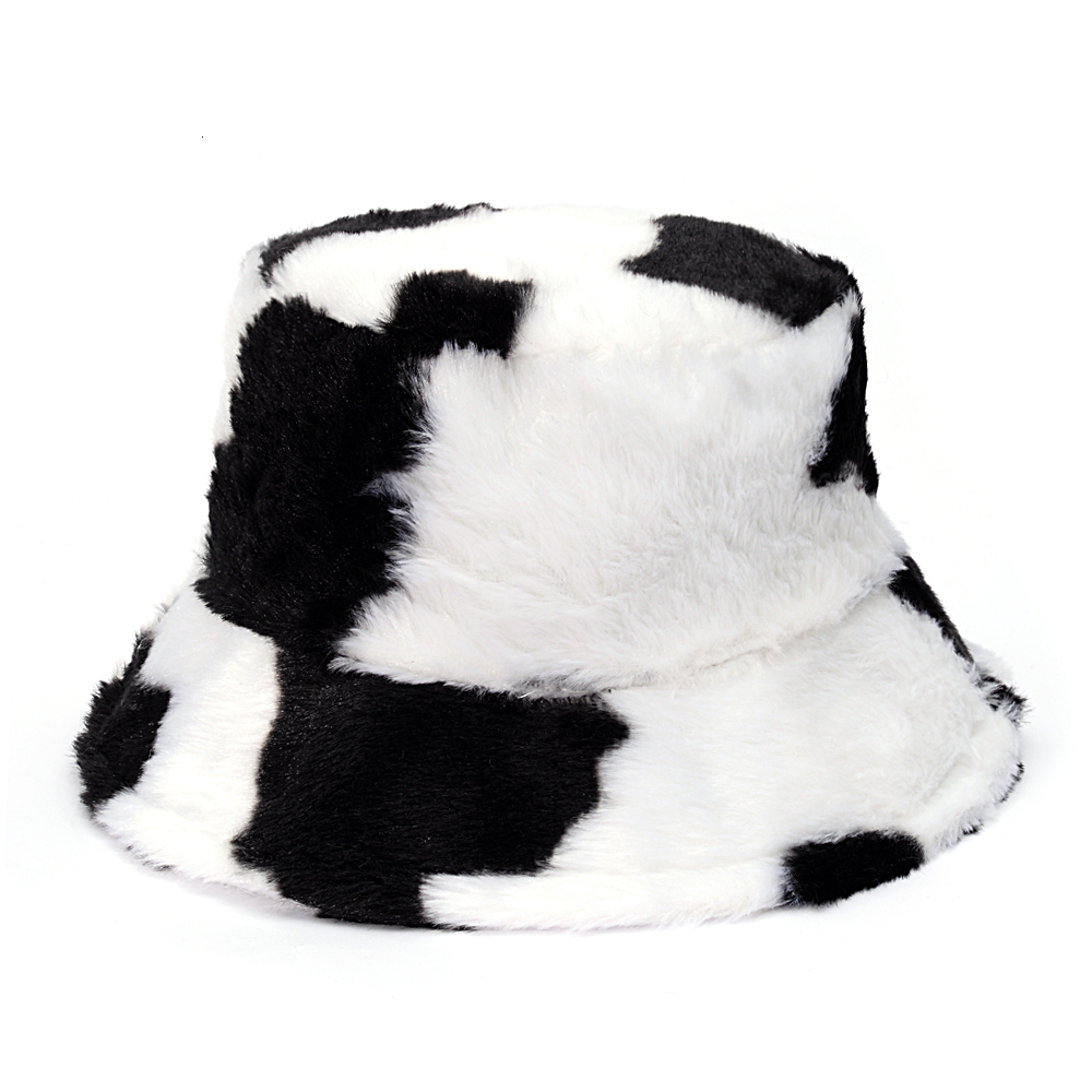 Wide Brim Hats Bucket Hats Winter Cow Leopard Faux Fur Fluffy Bucket Hats Women Outdoor Warm Sun Hat Soft Velvet Furry Fisherman Cap Girl Fashion Pana