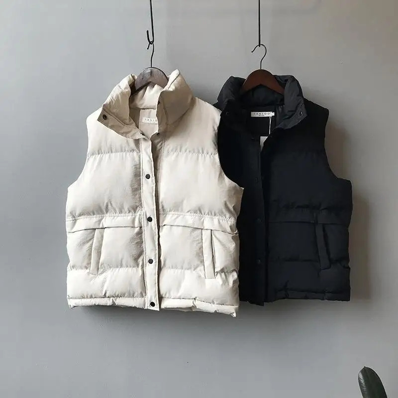 Women's Vests Casual Loose Down Cotton Vests Women Winter Parkas Warm Padded 80kg Oversize Waistcoat Fashion Stand Collar Sleeveless Coat 231109