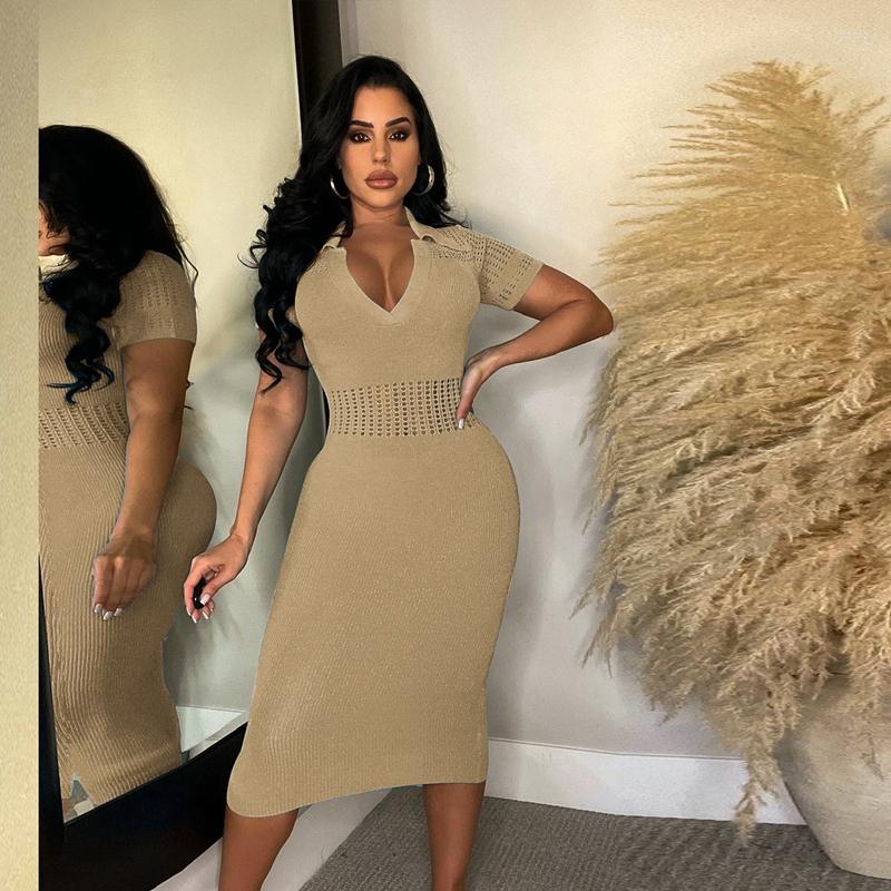 Casual Dresses Women Knit Crochet Midi Dress 2024 Summer Short Sleeve Turn Down Collar Skinny Package Hip Sexy Club Party Streetwear