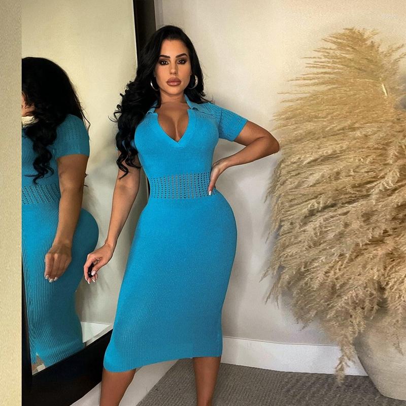 Casual Dresses Women Knit Crochet Midi Dress 2024 Summer Short Sleeve Turn Down Collar Skinny Package Hip Sexy Club Party Streetwear