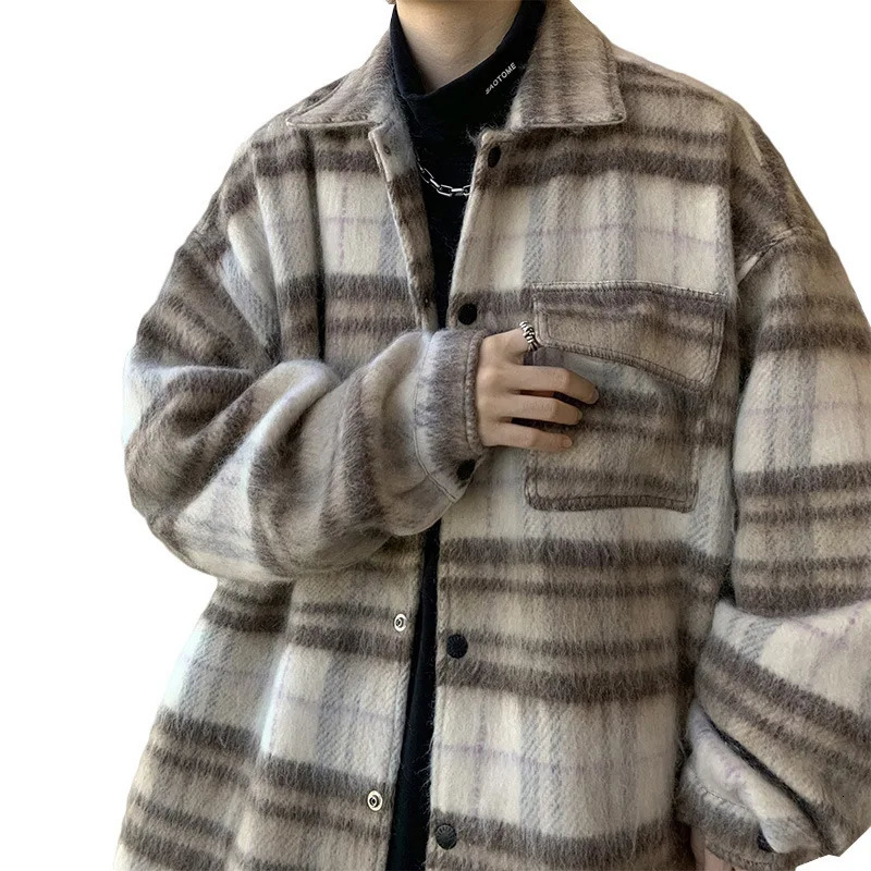 Men's Down Parkas Autumn Winter Woolen Coat Men Lamb Fleece Lapel Single Breasted Plaid Shirt Street Trend Allmatch Loose Couple Streetwear 23110