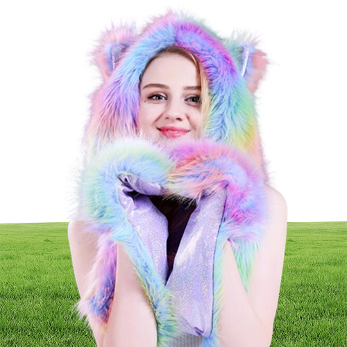 Faux Fur Hood Animal Hat Ear Flaps Hand Pockets 3 in1 Animals Hood Hats Warm Cap With Scarf Gloves