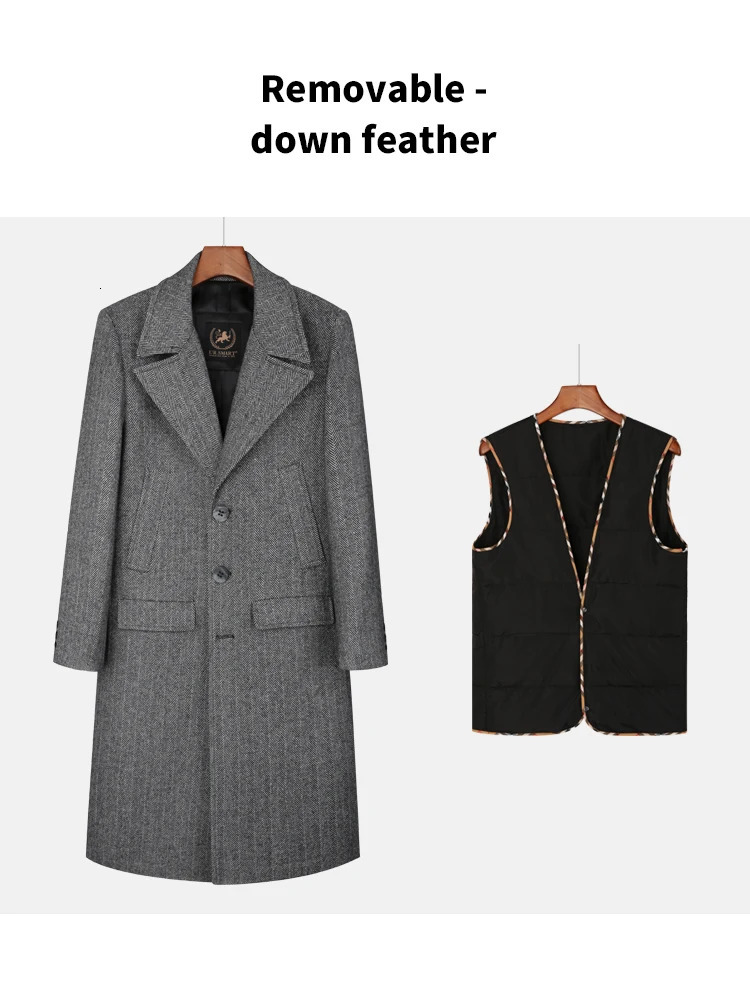 Men's Wool Blends Herringbone wool coat men's ultra long single breasted fashionable casual coffee detachable down inner jacket 231108