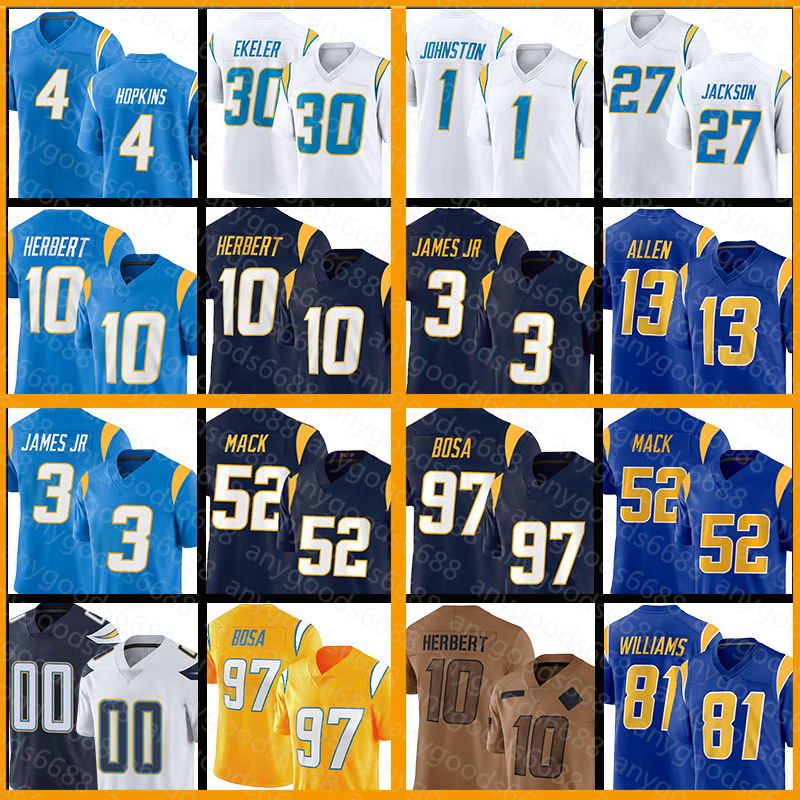 Derwin James Jr. Justin Herbert Khalil Mack Football Jersey Los Angeleses Chargeres Joey Bosa Quentin Johnston Keenan Allen Dustin Hopkins J.C. Jackson Zion Johnson