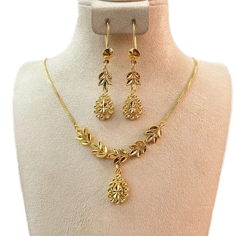 Stud Dubai Jewelry Sets for Women 24k Gold Color Love Ethiopian African Heart Necklace Earrings Arab Bridal Dowry 231109