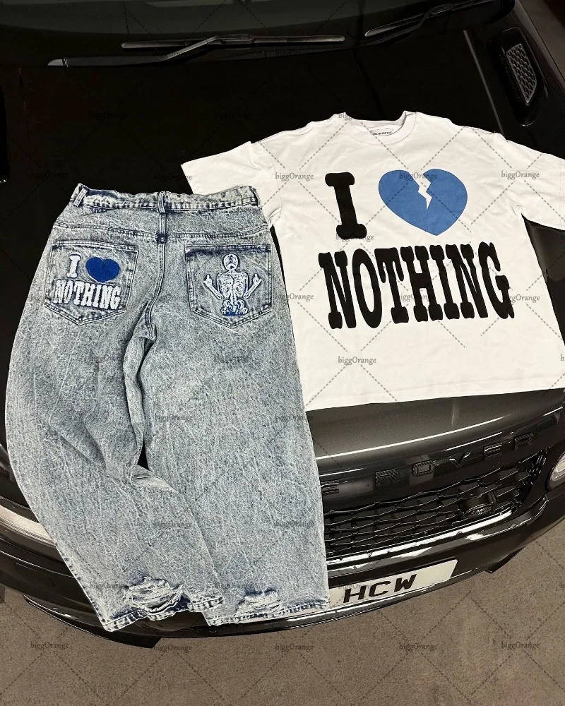 Men's Jeans European and American Embroidered Oversized Jeans for Men Y2K High Street Skull Loose High Waist Straight Wide Leg Pants Unisex 23110