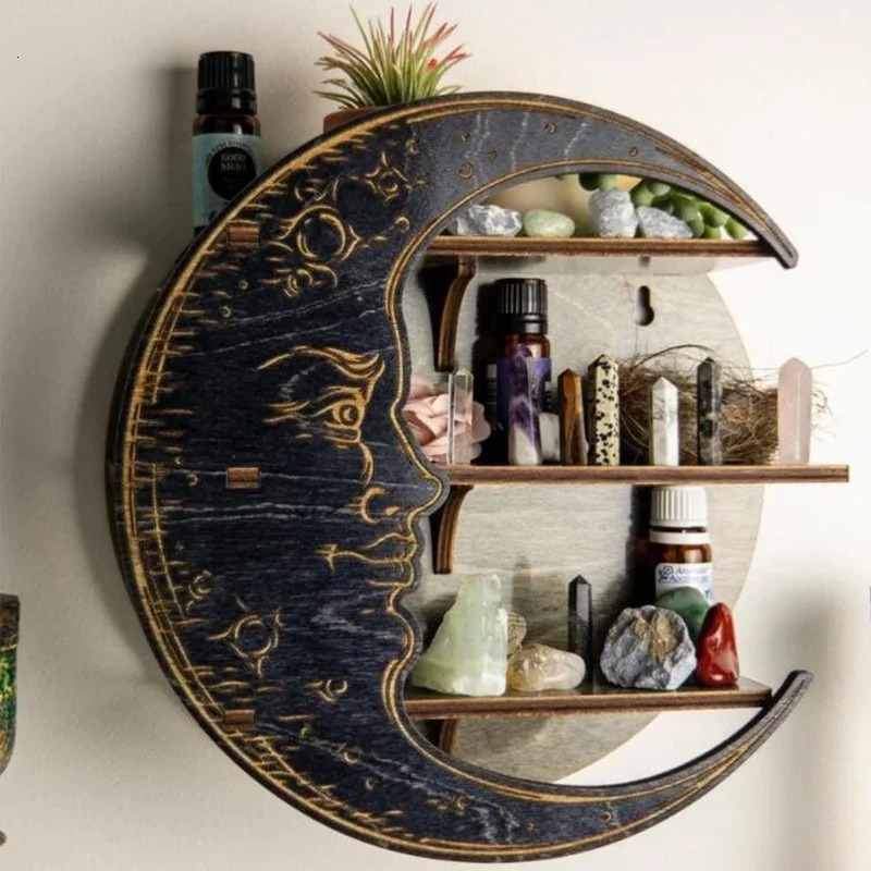 Christmas Decorations Decor for Crystal Essential Oil Nursery Wooden Moon Shelf Living Room Rustic Display Rack Wall Hanging Storage Rack Bedroom Home