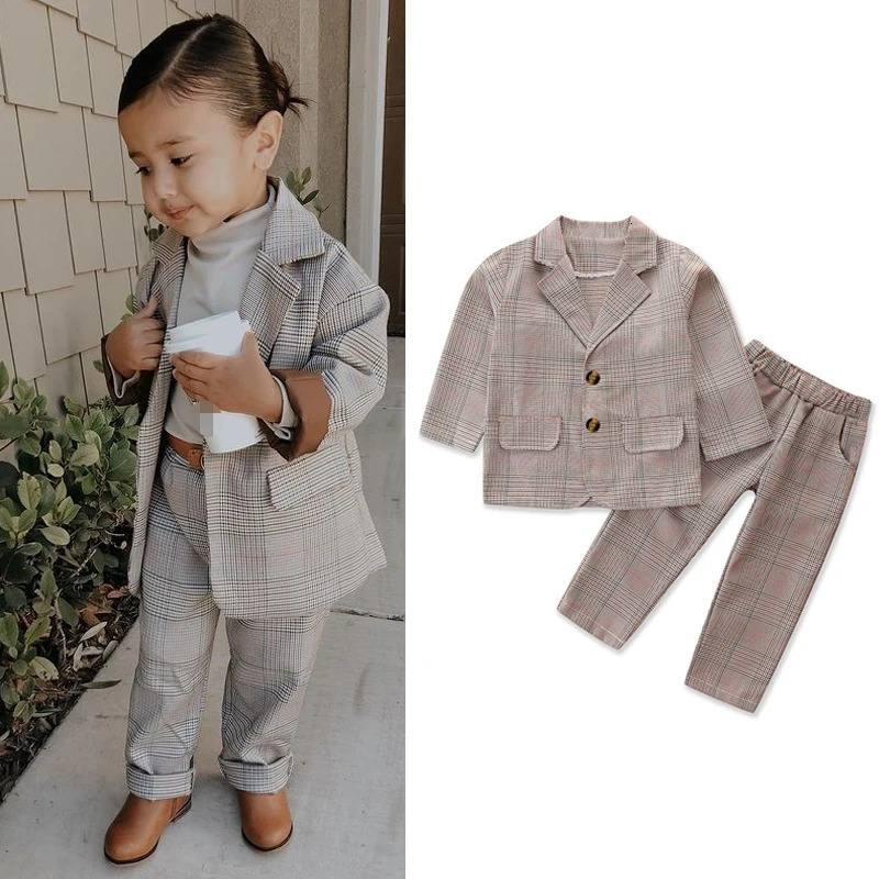 Clothing Sets FOCUSNORM Autumn Kids Girl's Clothes Sets 2pcs Fashion Plaid Printed Long Sleeve Blazer Coat Elastic Long Pants 1-6Y 231109