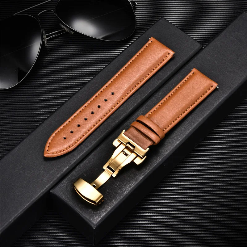 Watch Bands Leather Watch Band 18mm 20mm 22mm 24mm Straps Stainless Steel Butterfly Buckle Clasp Leather Bracelet Black Brown Wristband Belt 231109