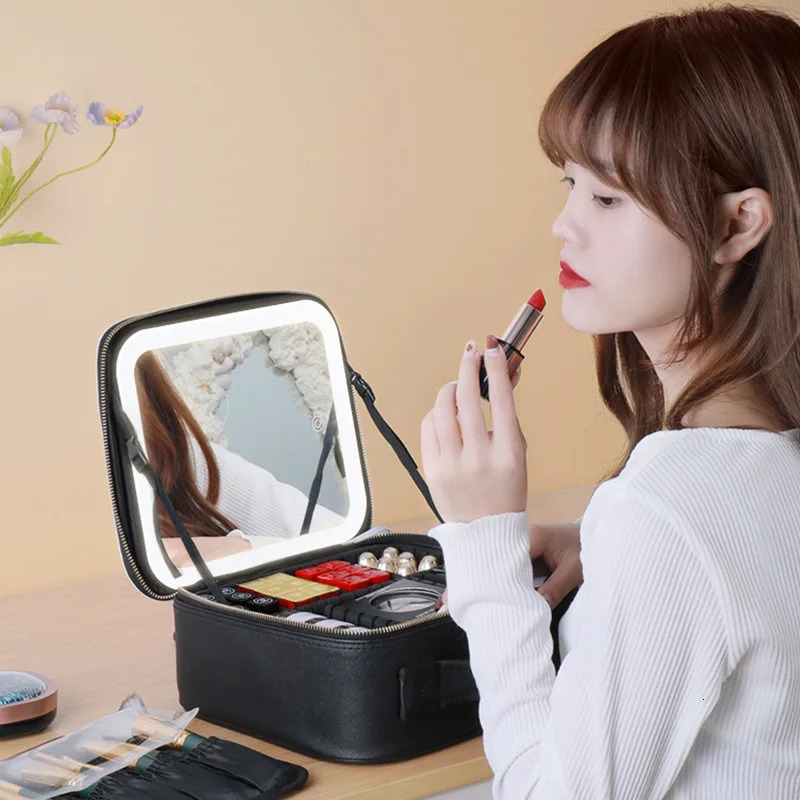 Compact Mirrors Smart LED Cosmetic Case with Mirror Cosmetic Bag Large Capacity Fashion Portable Storage Bag Travel Makeup Bags for Women 231109