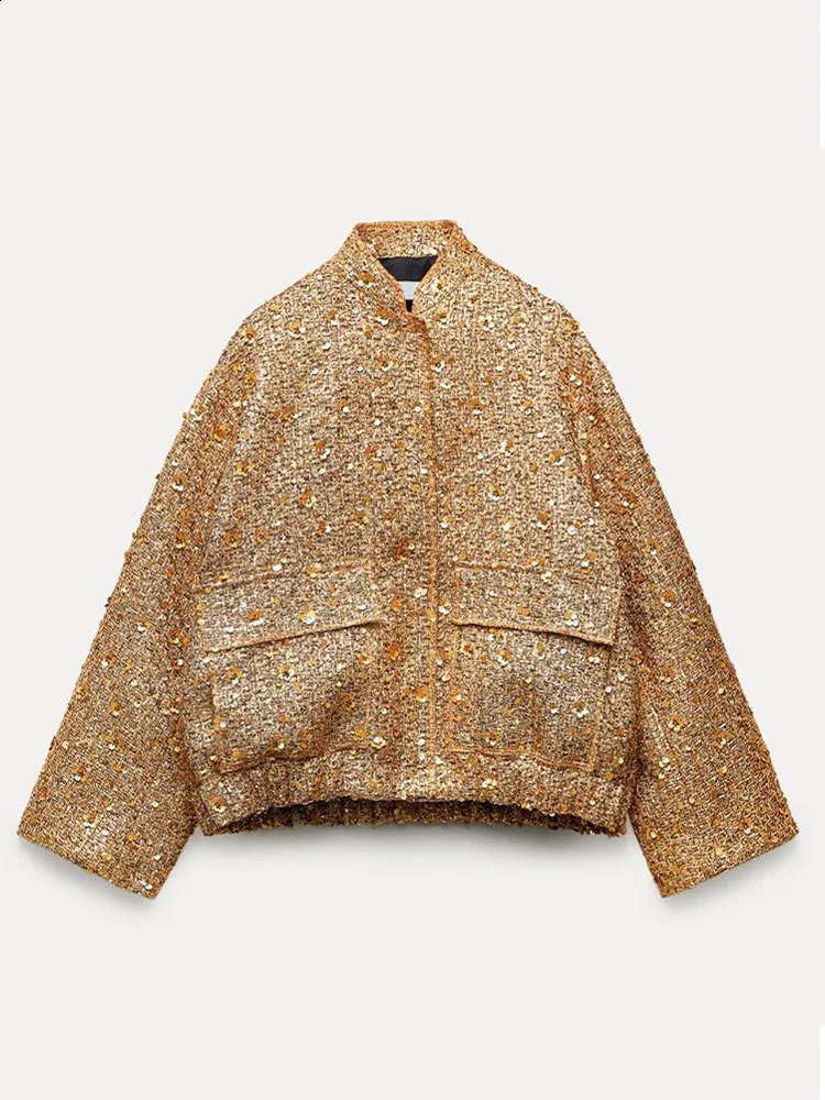 Women's Jackets Fashion Sequin Coat For Women Pocket Long Sleeve Stand Collar Gold Female Jacket Autumn Single Breasted Lady Y2k Outwear Top 2311