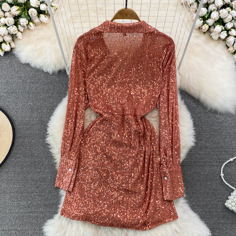2024 Casual Dresses Sequined Women Dresses Long Sleeve Bandage Solid Vintage Bow Vestidos Mujer Korean Spring Autumn Mini Dress Sexy
