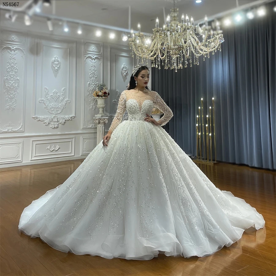 2024 New Arrival A-line Wedding Dress Scoop Full Pearls Beading Long Illusion Sleeves Women Bridal Gowns Vestido De Novia Custom Made Arabic Dubai