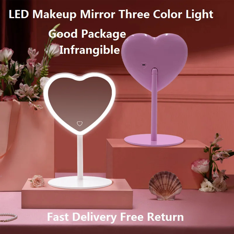 Compact Mirrors Desktop Led Heart Shape Vanity Mirror Adjustable Three-color Light Cosmetic Rechargeable Makeup Mirrors 231109