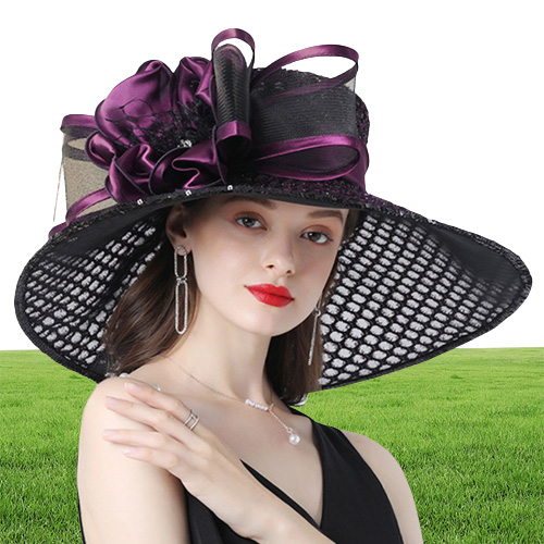 FS Purple Ladies Fascinator Hats Wedding Kentucky Derby Hats For Women Flower Hats Large Wide Brim Fedora Organza Hat Church 20110
