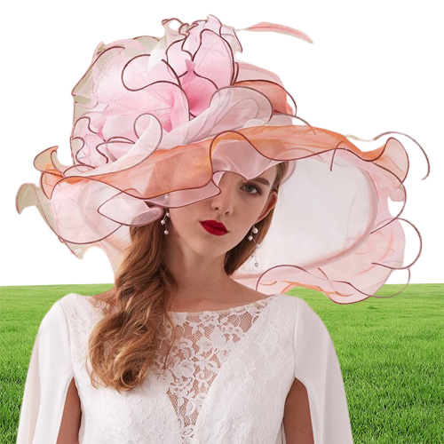 FS Pink Organza Kentucky Derby Hat For Women Wide Brim Beach Big Sun Hats Flowers Elegant Ladies Wedding Church Party Fedoras 2103