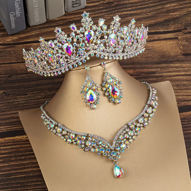 Stud KMVEXO Gorgeous Crystal AB Bridal Jewelry Sets Fashion Tiaras Earrings Necklaces Set for Women Wedding Dress Crown 231109