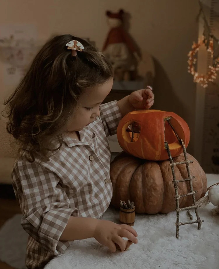 Pajamas Cute Kid Girl's Turndown Collar Brown Plaid Pajama Sets.Vintage Toddler Kid's Pyjamas Set Sleep Loungewear.Children's Clothing 