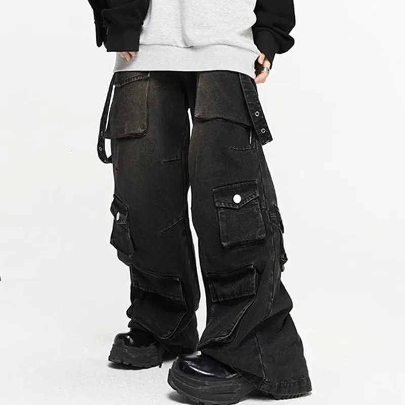 Men's Jeans PFNW Summer Men's American High Street Multi Pocket Wide Leg Jeans Loose Hip Hop Straight Techwear Denim Handsome Pants 12Z1496 