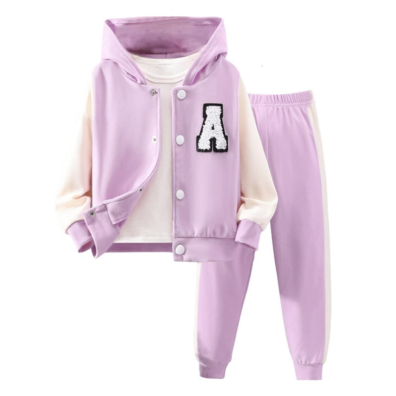Clothing Sets BeQeuewll Girls Autumn 2PCS Pants Sets For FallLong Sleeve Letter Patch Hooded Coat Contrast Color Pants Sets For 2 8 Years 231109