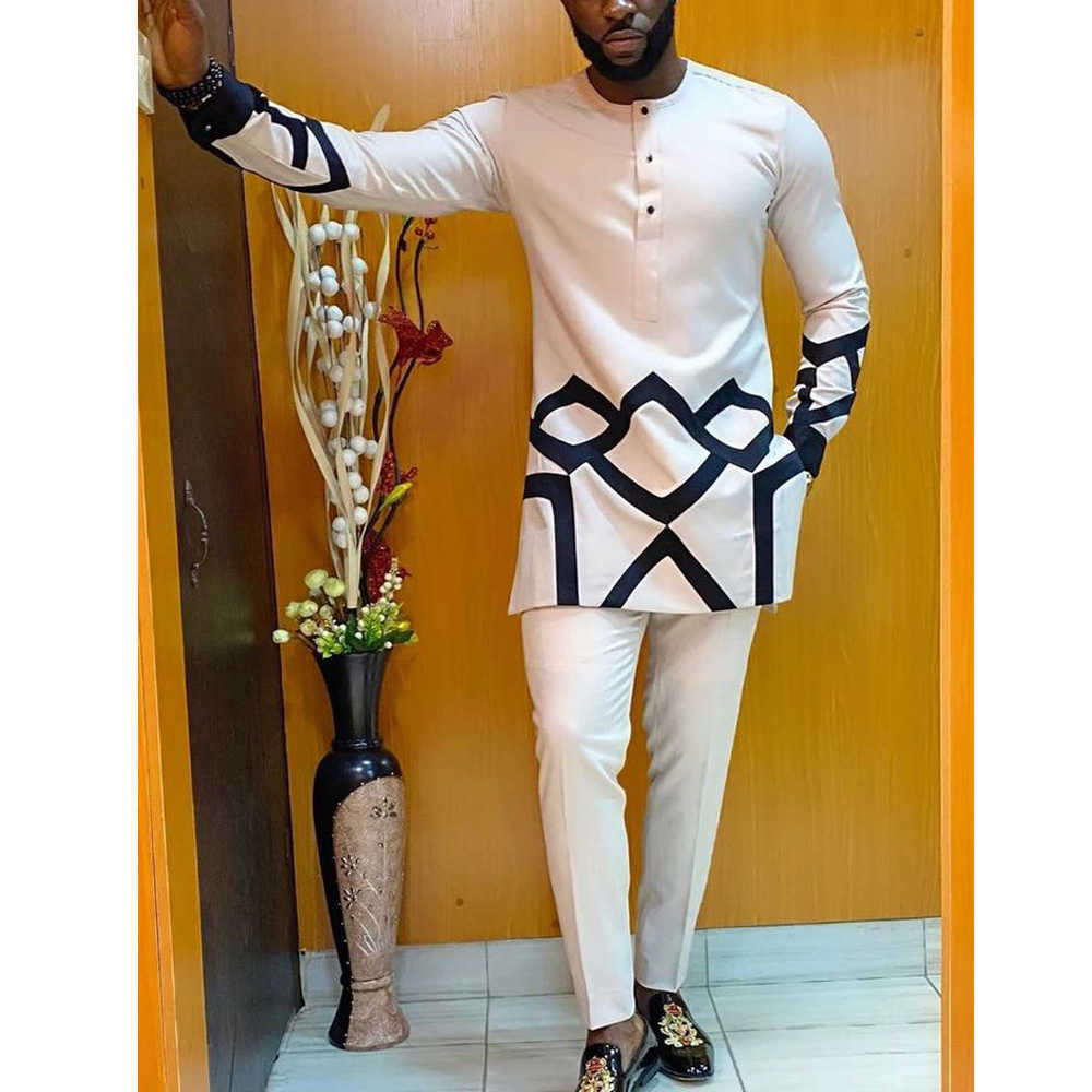 New Summer Men Sets Clothes Outfit Fashion Casual Ethnic Style Long Sleeve Shirts and Sweatpants2 Peice Party Wedding Men Suits
