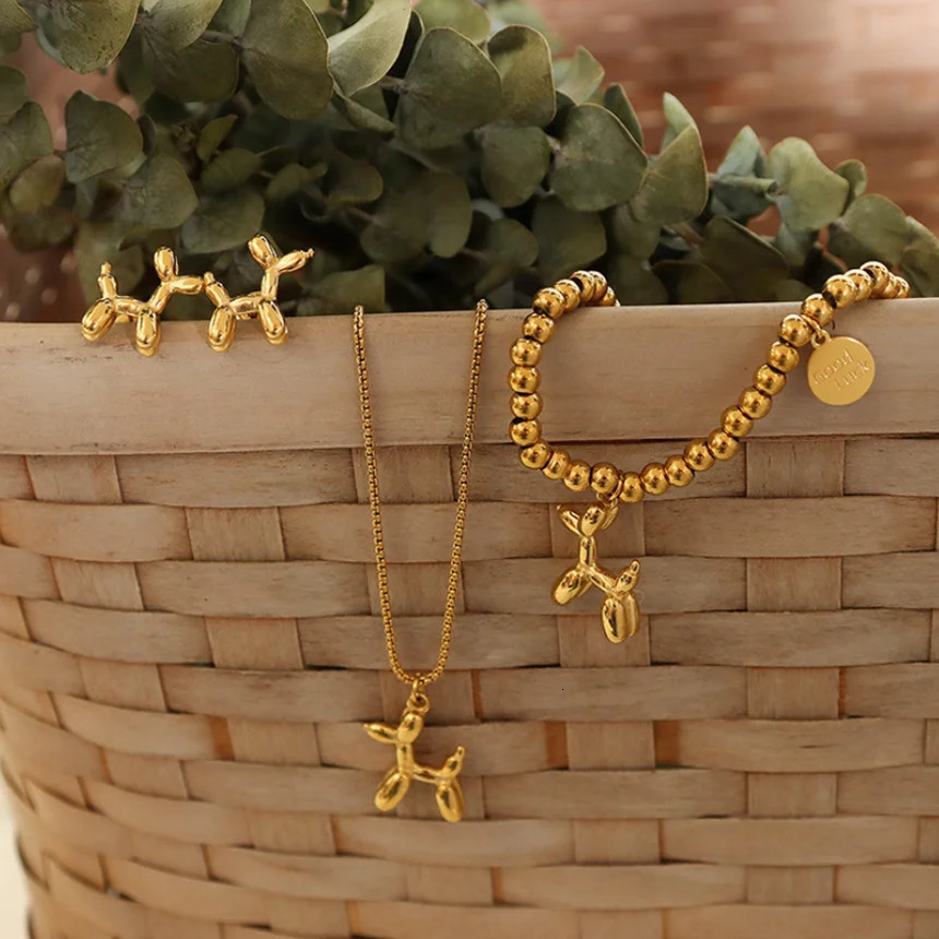 Stud 316L Stainless Steel Simple Wild Air Dog Necklace Bracelet Earrings Fashion Ladies Set SAN515 231109