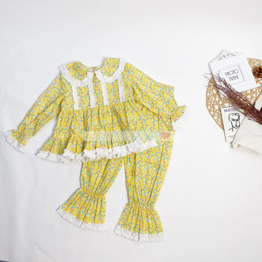 Pajamas Girl's Cotton Yellow Floral Pajama Sets.Vintage Toddler Kid's Peter Pan Collar Pyjamas Set Sleep Loungewear.Children's Clothing