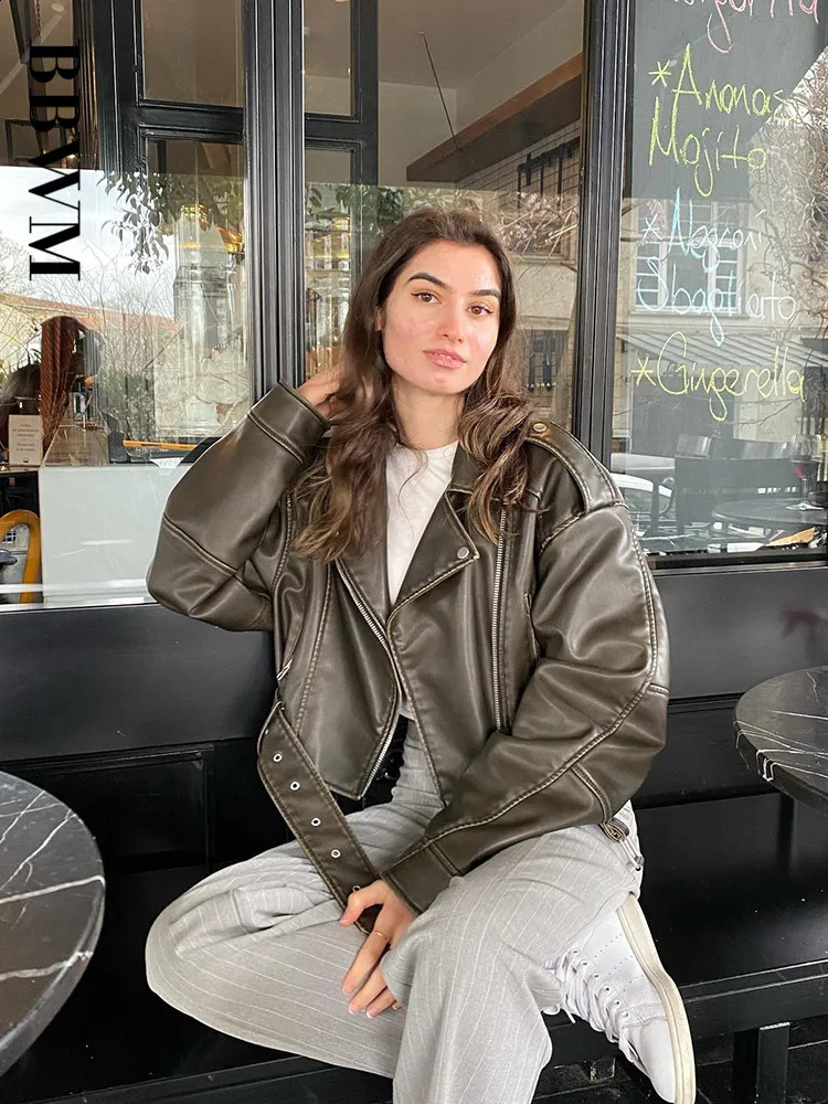 Women's Jackets TRAF Women Oversized Vintage Loose Pu Faux Leather Short Jacket with Belt Streetwear Female Zipper Retro Moto Biker Coat Outwear 