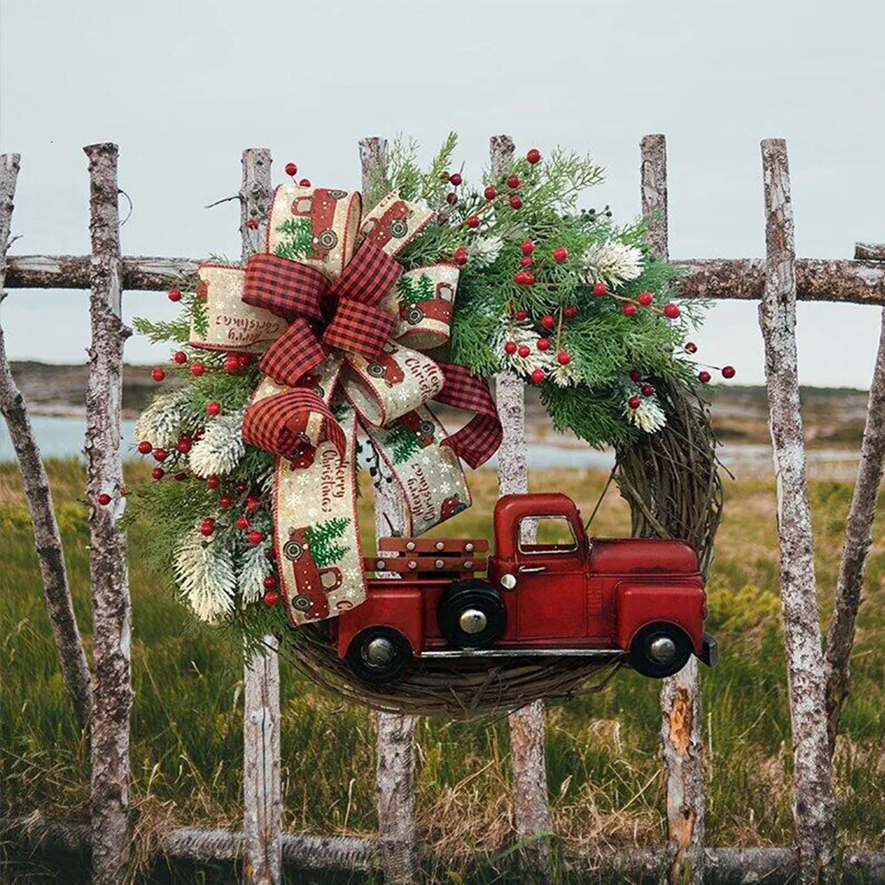 Christmas Decorations Christmas Red Truck Door Decor Wreaths with Bow Berry Pine Window Front Door Decoration Wall Hanging for Christmas Home Decora 2