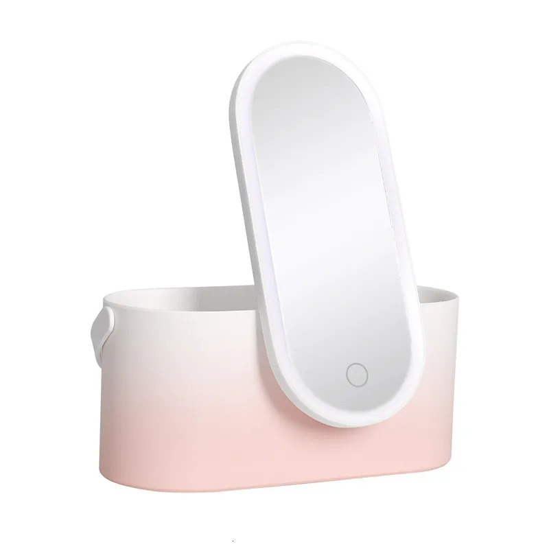 Compact Mirrors Makeup Organizer Box with LED Light Mirror Portable Travel Makeup Cosmetics Organizer Touch Light Storage Makeup Case H JOY 231109