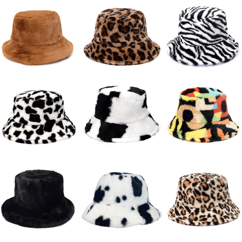 Wide Brim Hats Bucket Hats Winter Cow Leopard Faux Fur Fluffy Bucket Hats Women Outdoor Warm Sun Hat Soft Velvet Furry Fisherman Cap Girl Fashion Pana