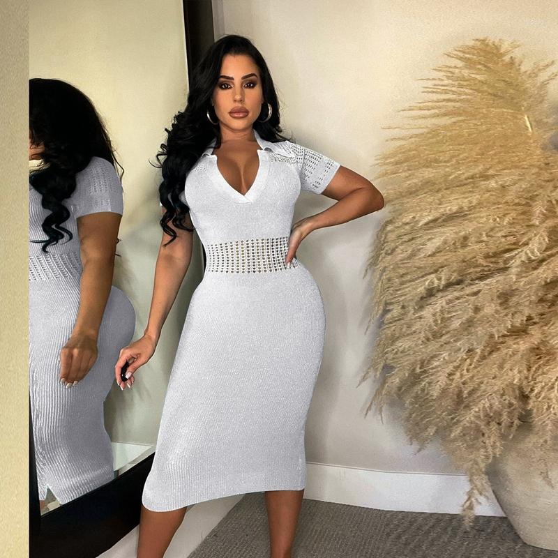 Casual Dresses Women Knit Crochet Midi Dress 2024 Summer Short Sleeve Turn Down Collar Skinny Package Hip Sexy Club Party Streetwear