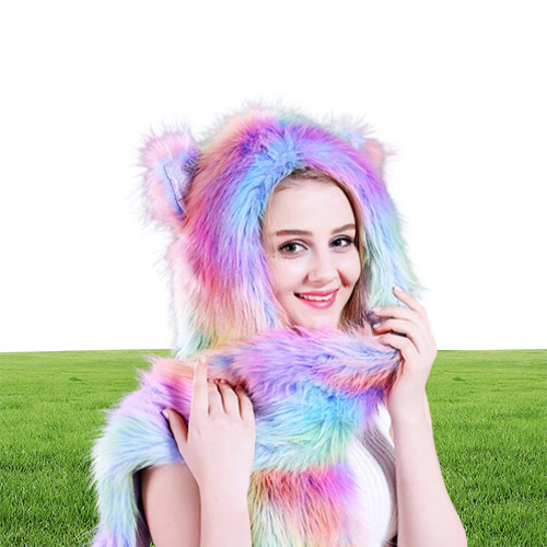 Faux Fur Hood Animal Hat Ear Flaps Hand Pockets 3 in1 Animals Hood Hats Warm Cap With Scarf Gloves