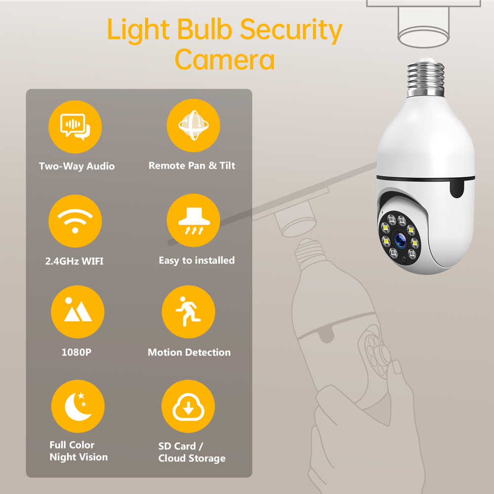 1080P E27 Light Bulb Camera Outdoor 2.4G WiFi Wireless Camera Color Night Vision 2-Way Audio 360° Panoramic IP Dome Camera with Motion De