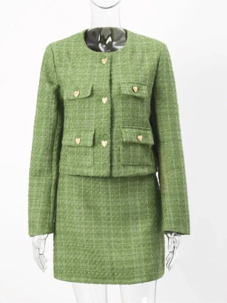 Women's Jackets Green Cropped Tweed Skirt Jacket Chic Outfits Single Breasted Pockets Coat Slim Short Skirts Sets Autumn Elegant Women Suits 2311