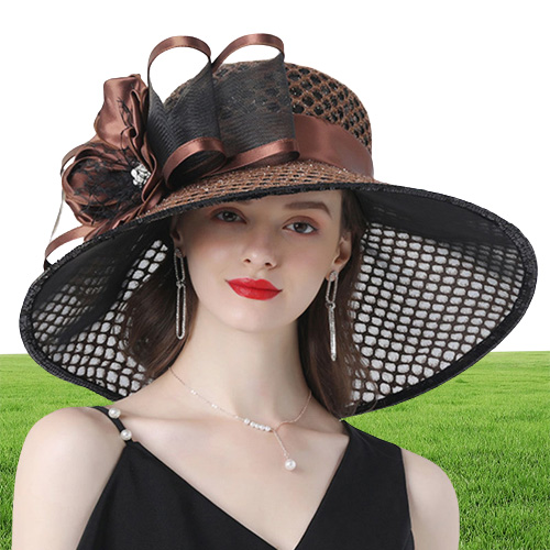 FS Purple Ladies Fascinator Hats Wedding Kentucky Derby Hats For Women Flower Hats Large Wide Brim Fedora Organza Hat Church 20110