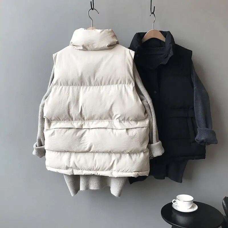 Women's Vests Casual Loose Down Cotton Vests Women Winter Parkas Warm Padded 80kg Oversize Waistcoat Fashion Stand Collar Sleeveless Coat 231109