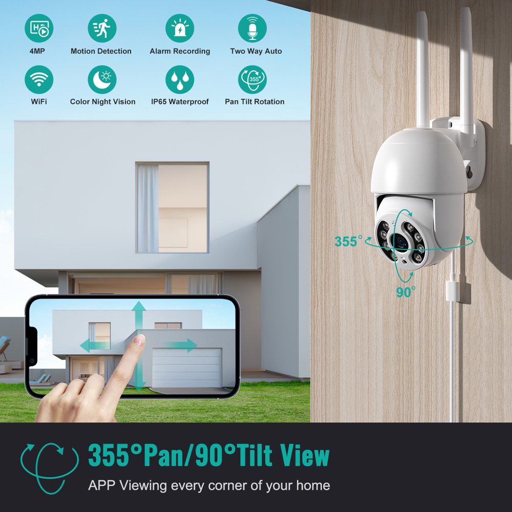 4MP Cameras Wireless Wifi 360° View Outdoor Camera with Full Color Night Vision IP65 Waterproof 2-Way Audio Home System for Indoor/O