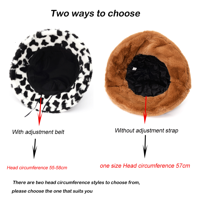 Wide Brim Hats Bucket Hats Winter Cow Leopard Faux Fur Fluffy Bucket Hats Women Outdoor Warm Sun Hat Soft Velvet Furry Fisherman Cap Girl Fashion Pana