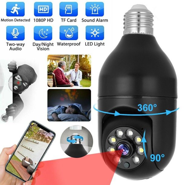 Camera Outdoor/Indoor 1080P Wireless Light Bulb Wi-Fi Smart Cameras 360° View with 32G Memory Card Night Vision Two Way Talk Motion Detec