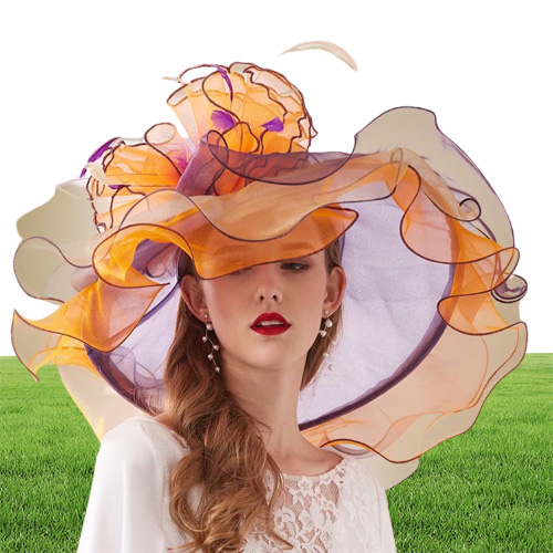 FS Pink Organza Kentucky Derby Hat For Women Wide Brim Beach Big Sun Hats Flowers Elegant Ladies Wedding Church Party Fedoras 2103
