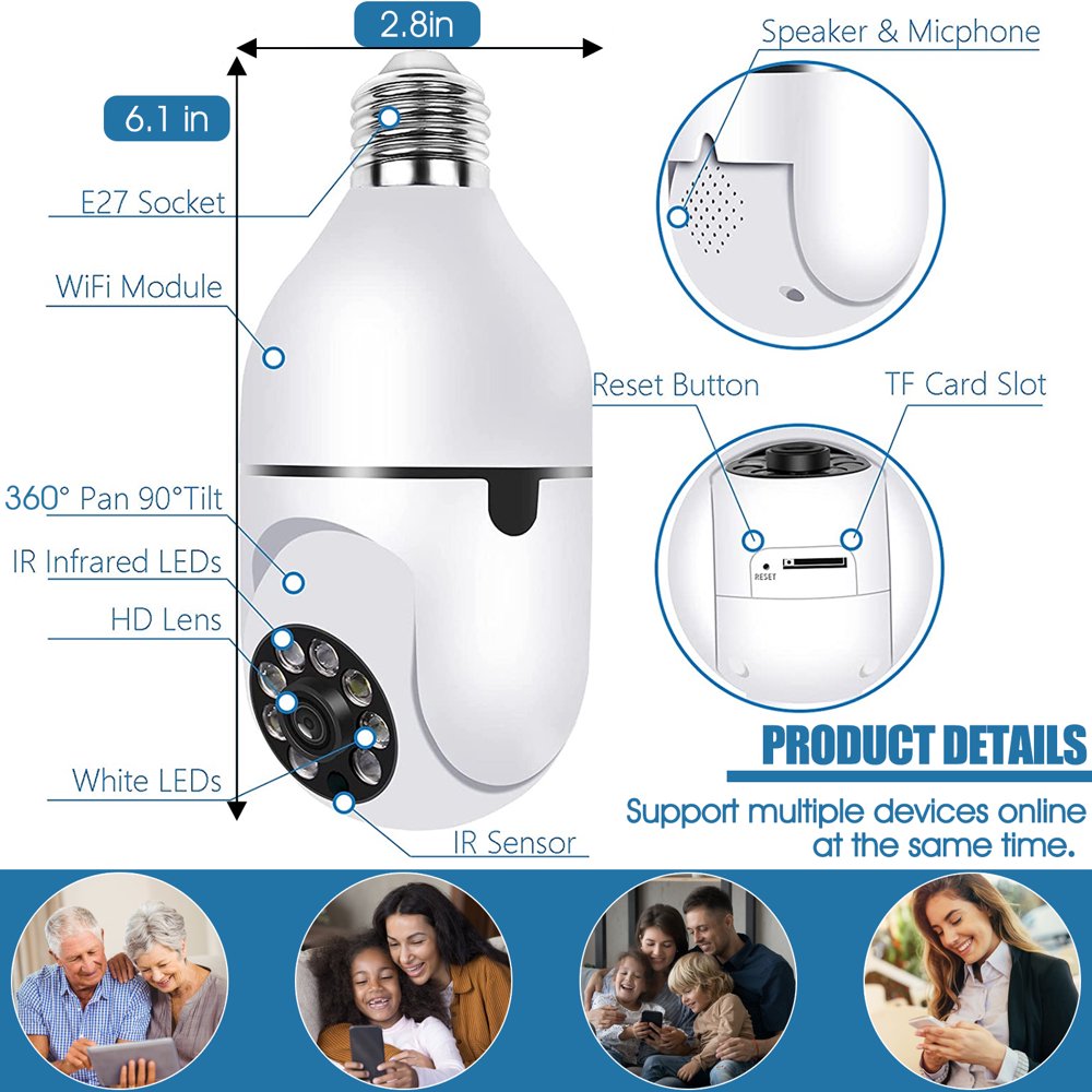 Camera Outdoor/Indoor 1080P Wireless Light Bulb Wi-Fi Smart Cameras 360° View with 32G Memory Card Night Vision Two Way Talk Motion Detec