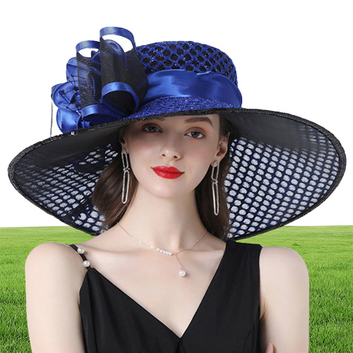 FS Purple Ladies Fascinator Hats Wedding Kentucky Derby Hats For Women Flower Hats Large Wide Brim Fedora Organza Hat Church 20110