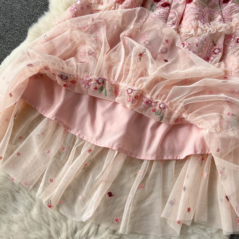 Casual Dresses Luxruy Fashion Spring Summer Pink Mesh Flower Embroidery Dress 2023 New Elegant Women Short Sleeve Ruffles Tulle Knee Vestidos