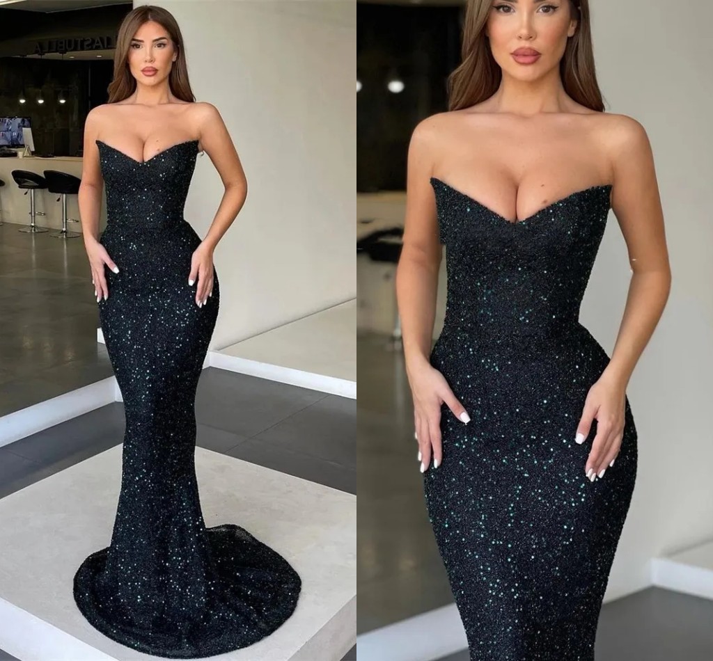 Glitter Black Mermaid Evening Dress 2024 Strapless V Neck Shiny Bodycon Dubai Prom Dresses Arabia Backless Bride Party Gowns Robe De Soiree 0213