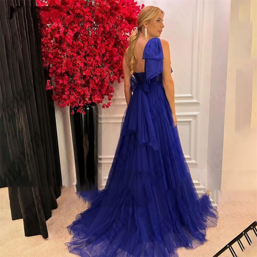 Royal Fashion Blue Evening Formal Dress One Shoulder Side Split Tulle Sleeveless Birthday Party Gown Prom Dresses Robe Soiree Vestidos De Fieast es