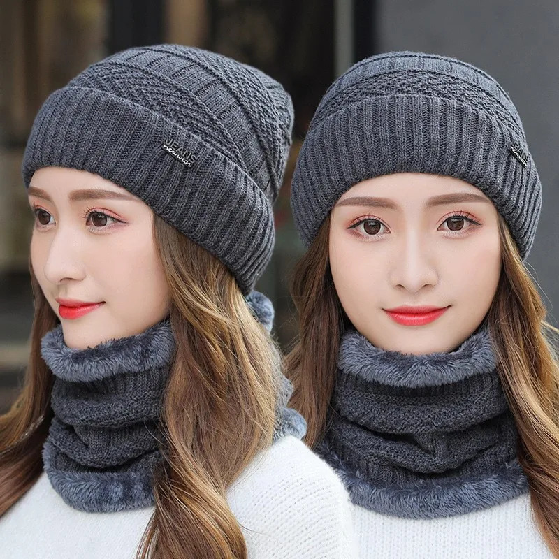 BeanieSkull Caps TwoPiece Set Fashion Women Knitted Hat Scarf Neck Warmer Winter Hats For Men Skullies Beanies Warm Fleece Cap 231109