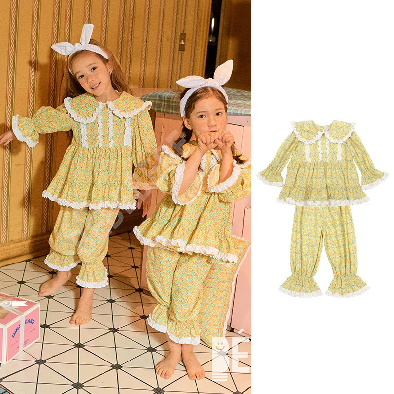 Pajamas Girl's Cotton Yellow Floral Pajama Sets.Vintage Toddler Kid's Peter Pan Collar Pyjamas Set Sleep Loungewear.Children's Clothing