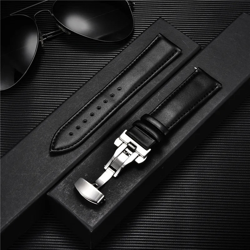 Watch Bands Leather Watch Band 18mm 20mm 22mm 24mm Straps Stainless Steel Butterfly Buckle Clasp Leather Bracelet Black Brown Wristband Belt 231109